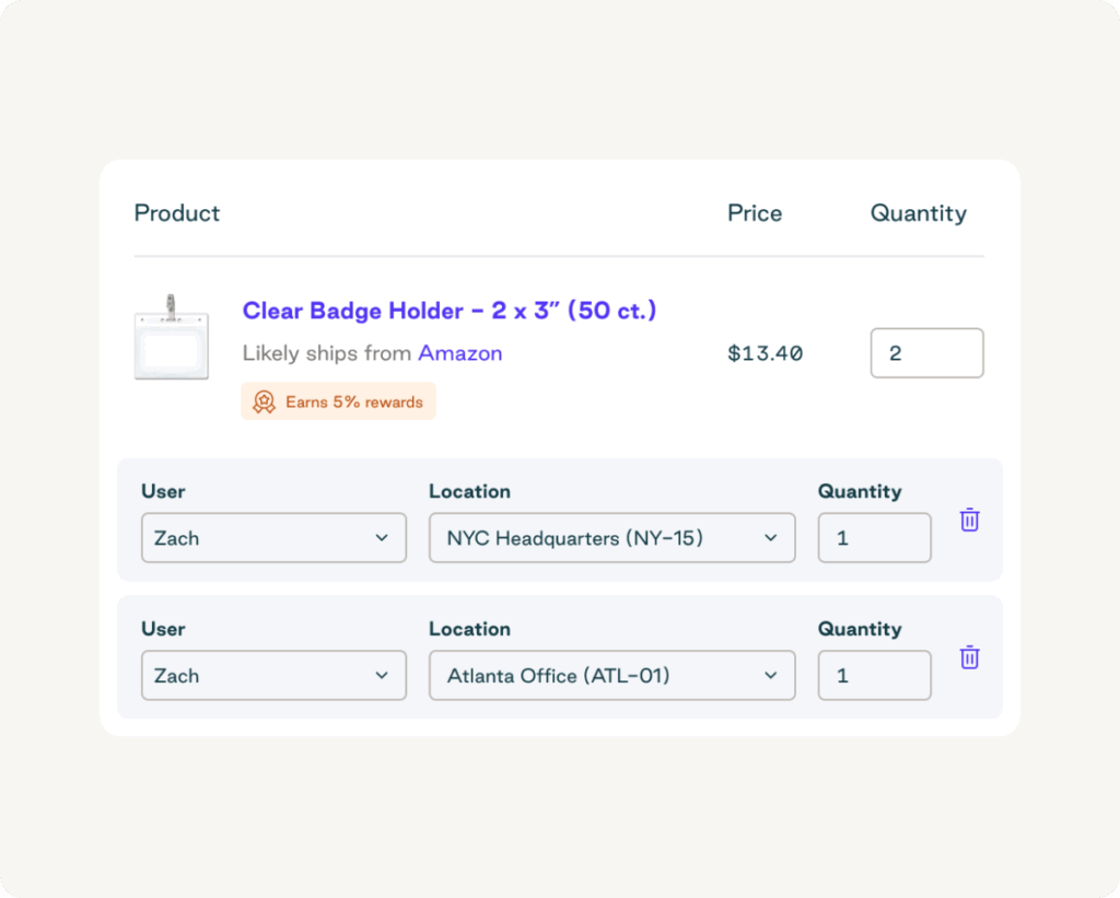 Ordering supplies to two locations using centralized purchasing software