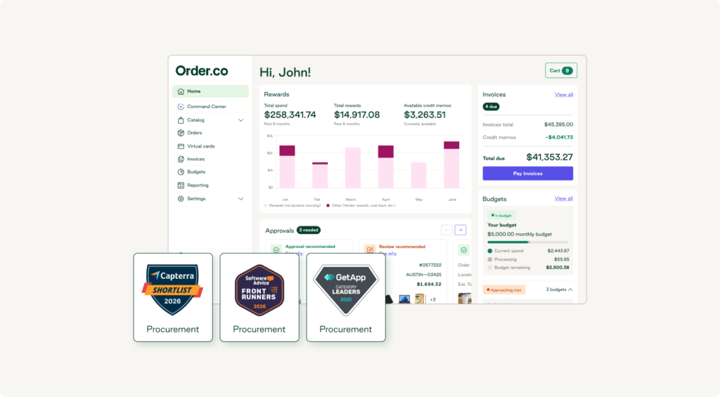 An Order.co procurement dashboard showing financial metrics, budgets, and industry award badges