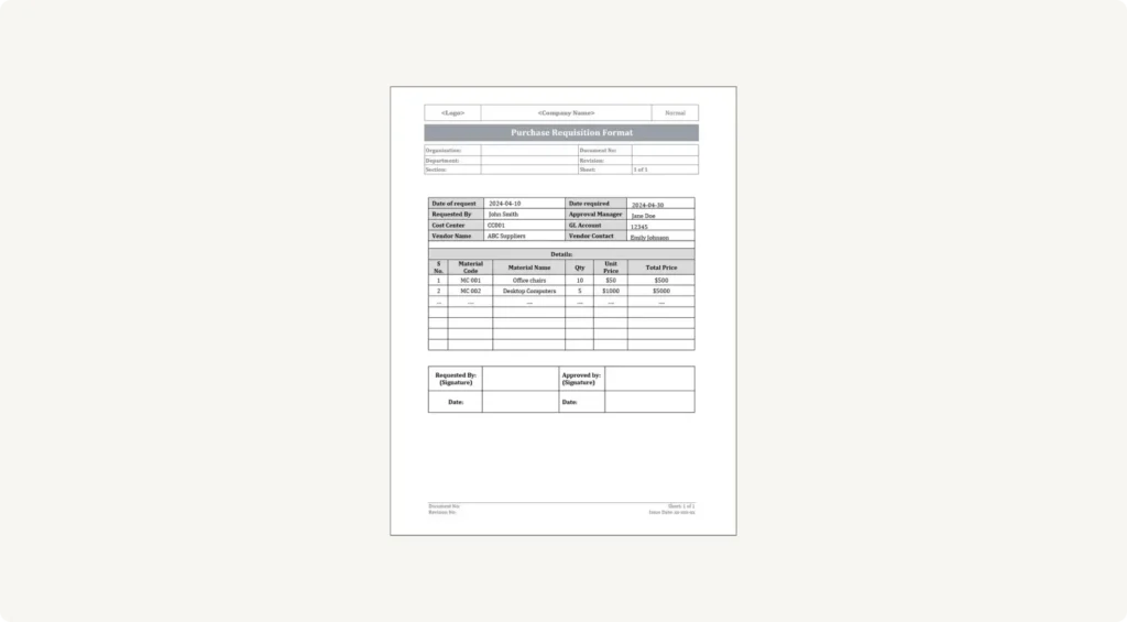 Example of a purchase requisition