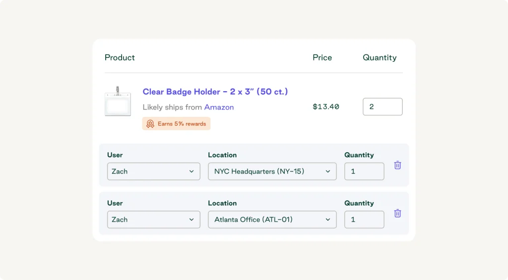 Order.co line-item interface splitting a single product order across multiple business locations