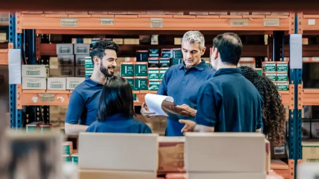 Supervisor discussing delivery schedules with warehouse staff