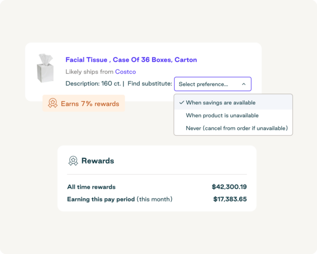 Order.co interface showing tissues with a 7% savings notification, thanks to the solution’s buying power