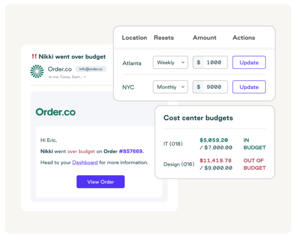 Order.co interface showing how one professional went over budget, along with other details like IT budgets