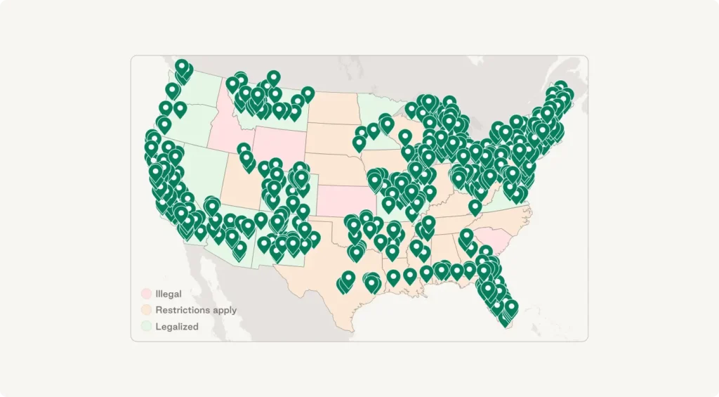 A map shows where cannabis is legal, illegal, and restricted