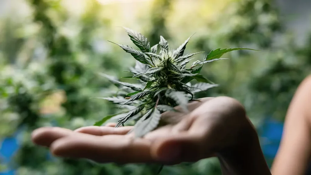 up close shot of hand holding cannabis plant