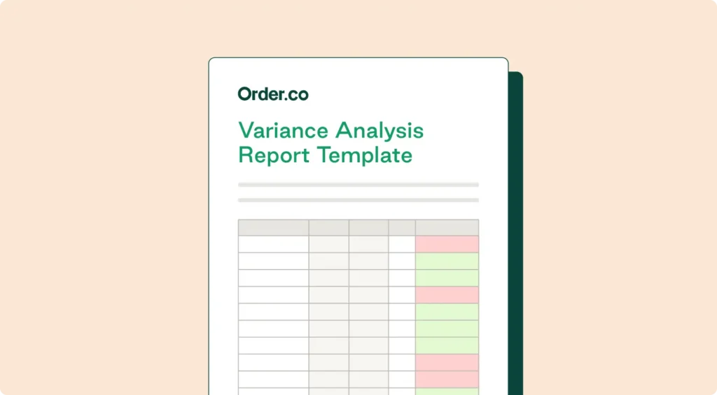Order.co graphic showing a "Variance Analysis Report Template" spreadsheet with various highlighted rows