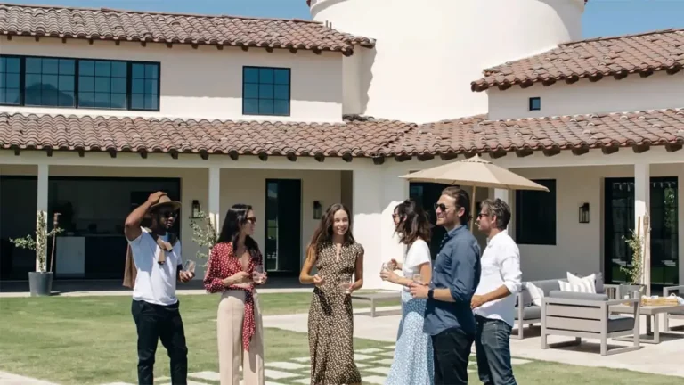 group of friends in front of vacation rental
