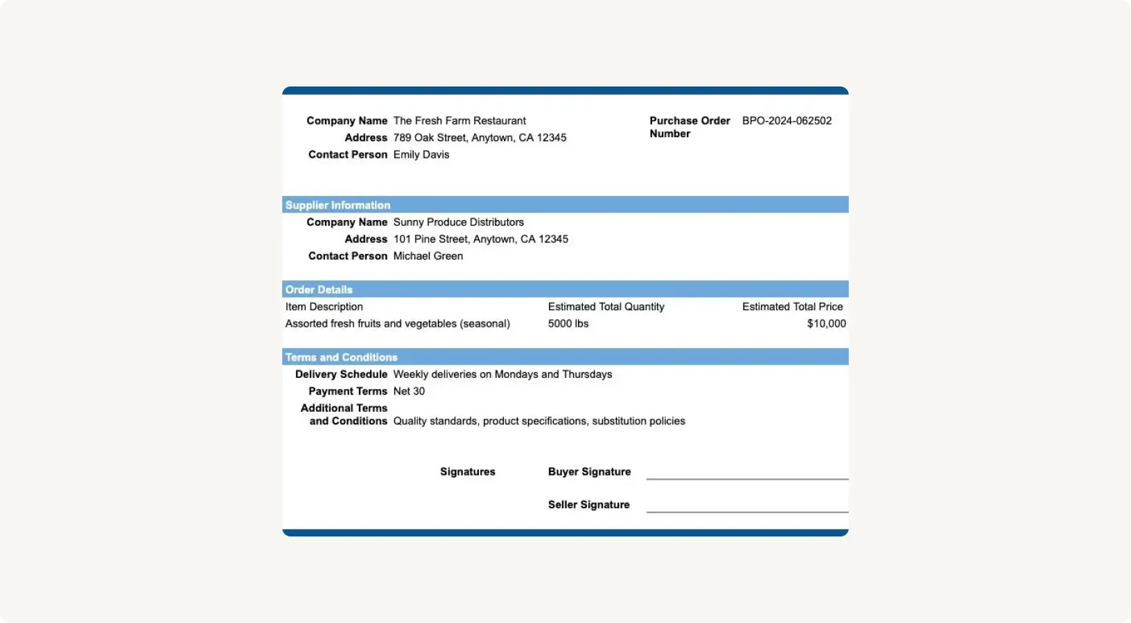 An example of a blanket purchase order