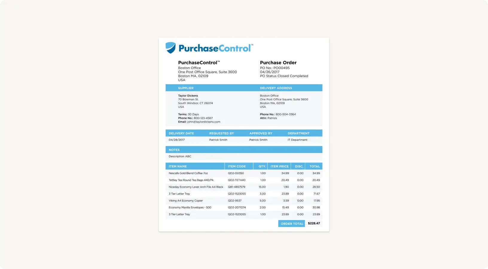 An example of a standard purchase order