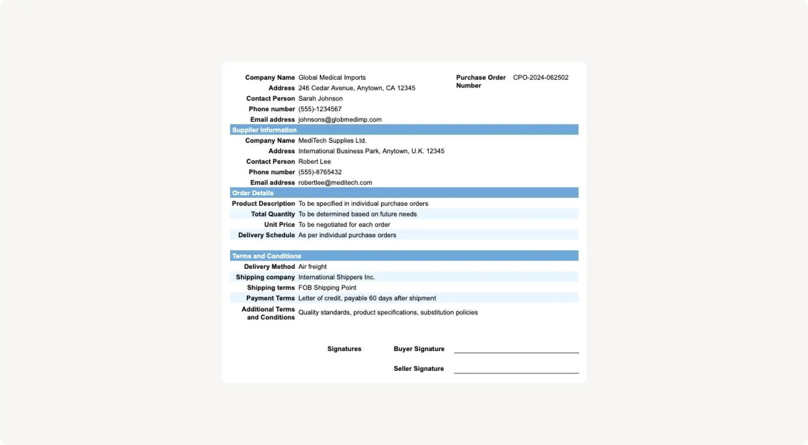 An example of a contract purchase order