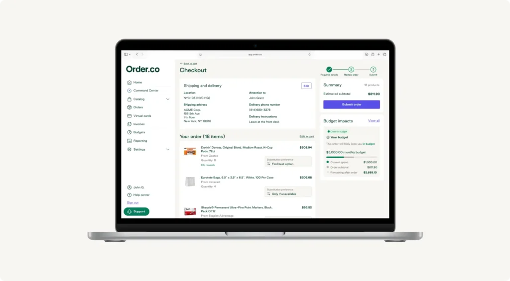 Order.co checkout screen showing monthly budget impacts