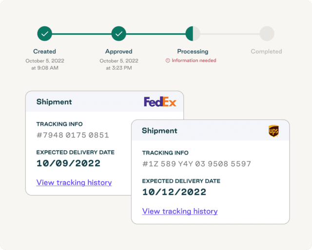 Order.co interface showing an order and shipping in progress through FedEx with tracking info
