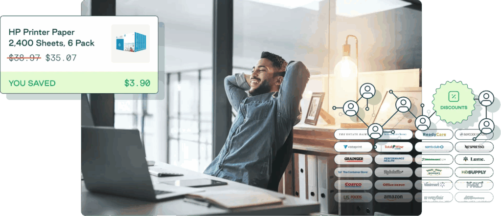 Man relaxing at desk overlaid with images representing savings in procurement