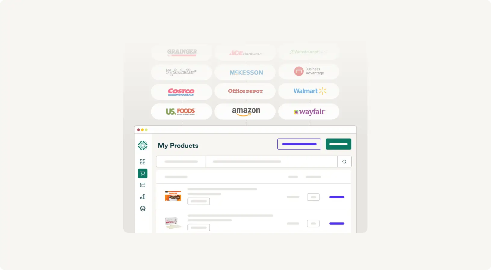 Unified product catalog integrated with suppliers like Costco, Amazon, and Walmart
