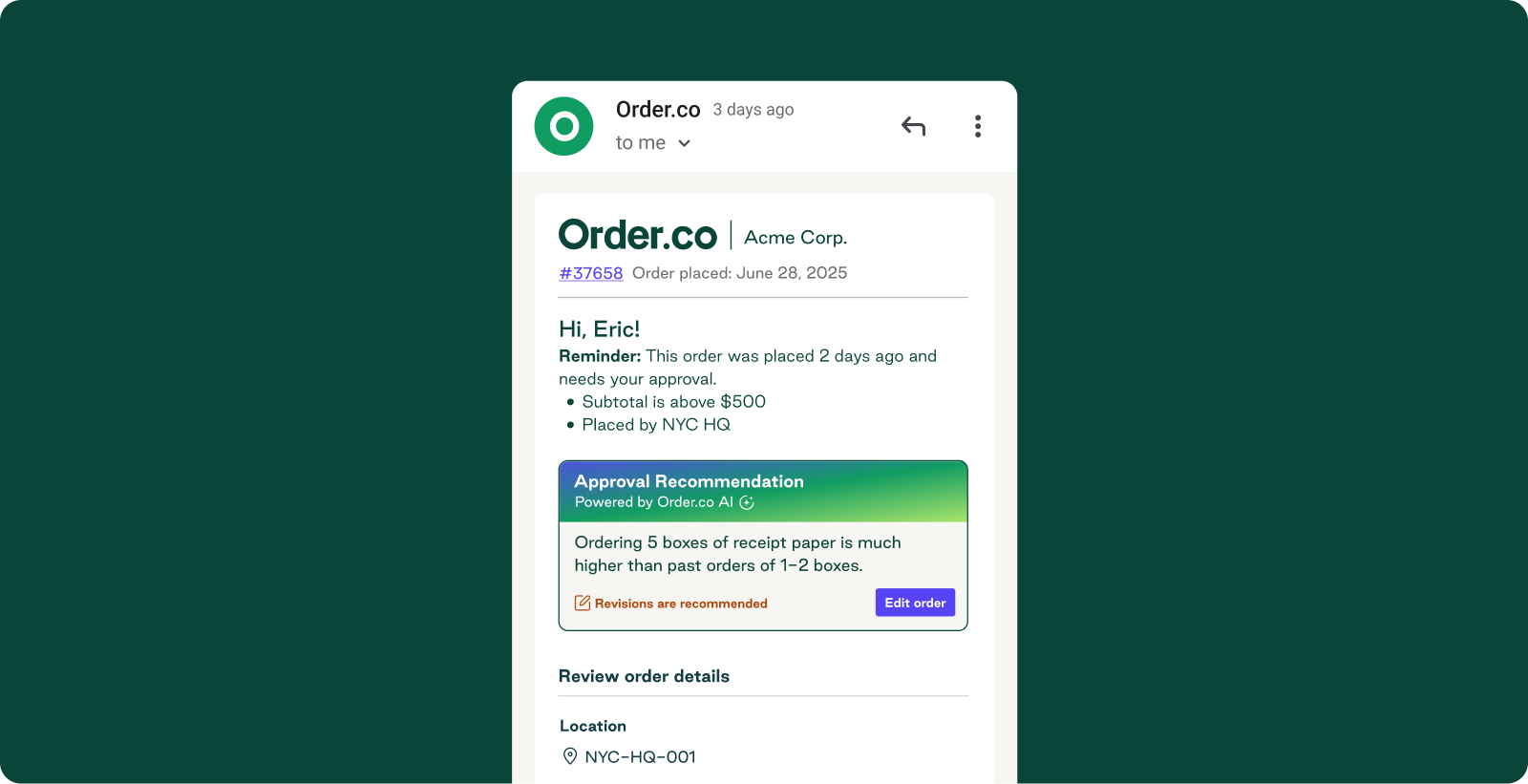 order.co AI insights for approvals screenshot