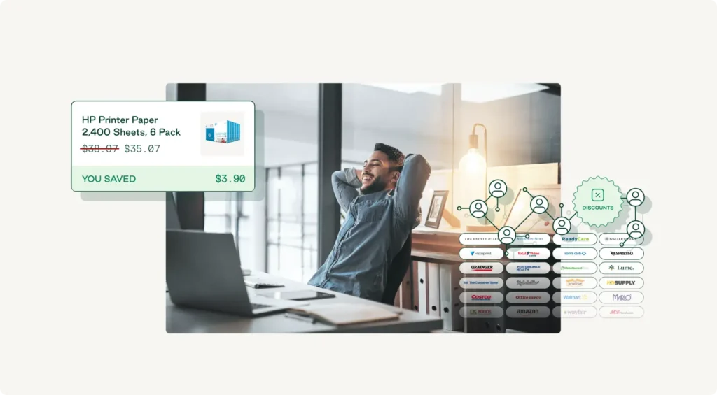 Order.co's catalog showing automatic savings on printer paper with a vendor network including a large selection of suppliers