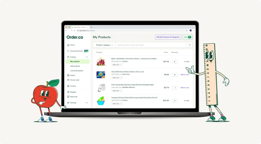 Order.co education procurement software showing an education center's custom product catalog
