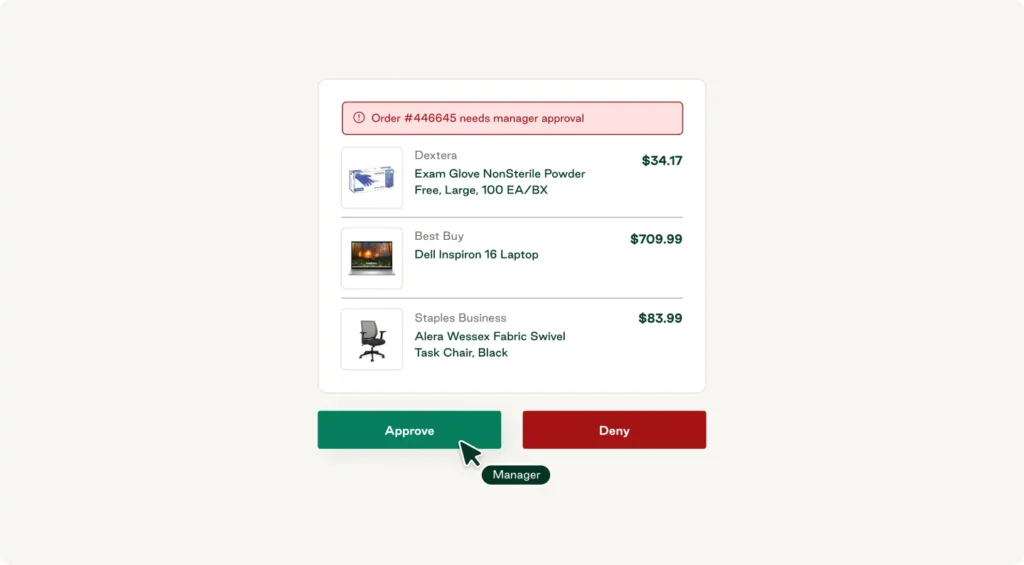 A manager clicks to approve a purchase request submitted through Order.co